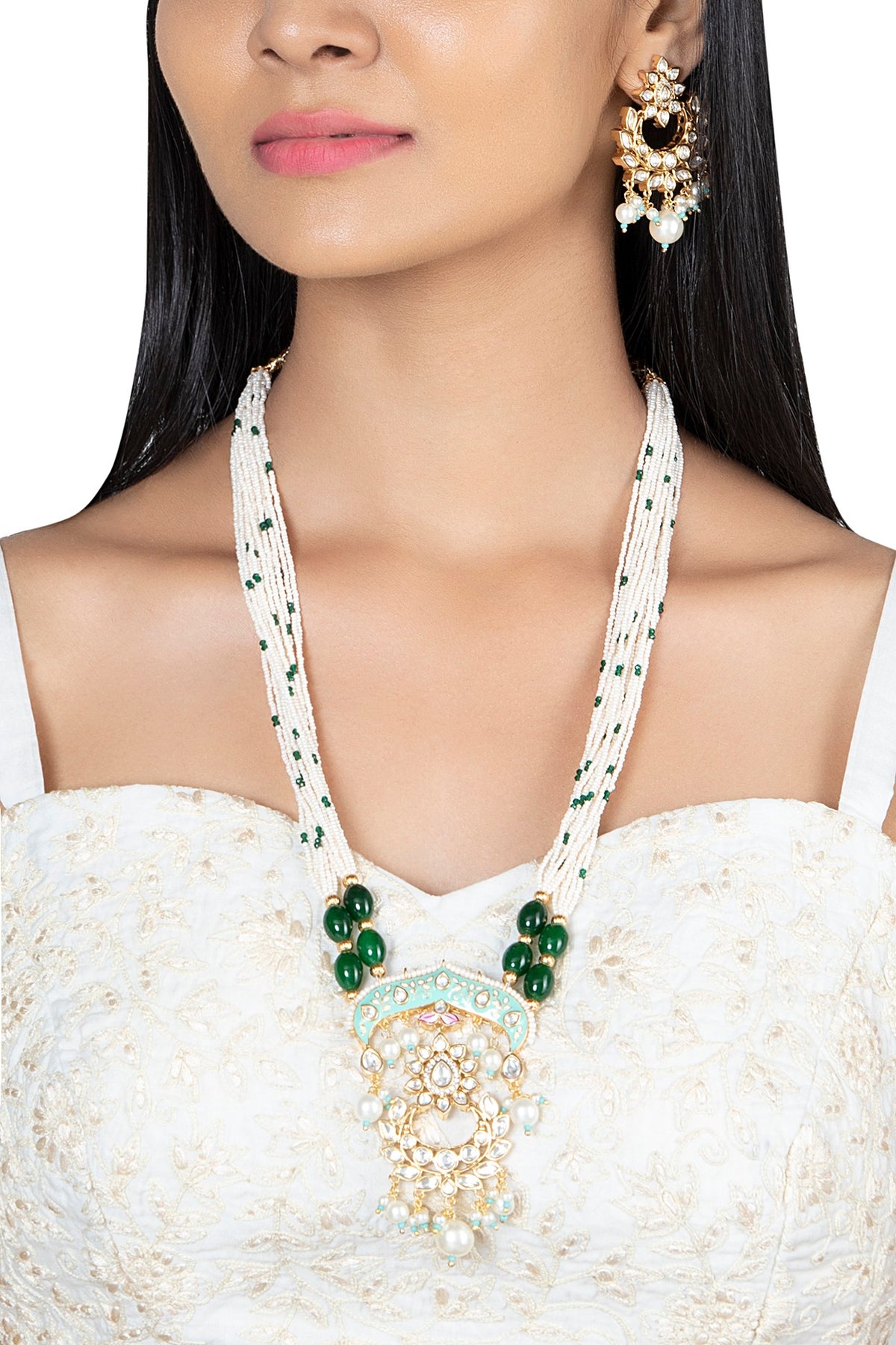 Gold Finish Kundan Polki & Green Stone Enameled Necklace Set