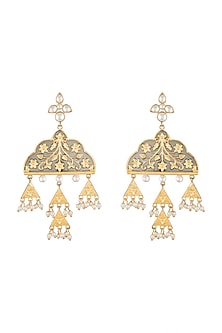 Gold Finish Faux Kundan Polki & Pearl Black Earrings
