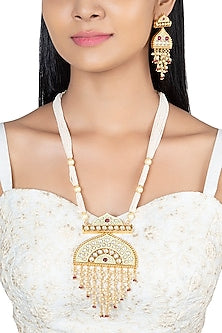 Gold Finish Faux Kundan Polki & Red Stone Long Necklace Set