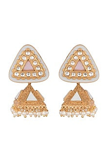Gold Finish Kundan Polki & Pink Stone Enameled Jhumka Earrings