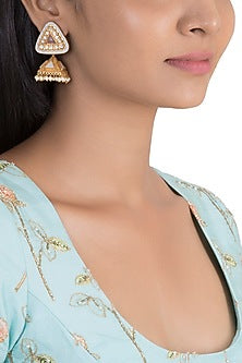 Gold Finish Kundan Polki & Pink Stone Enameled Jhumka Earrings