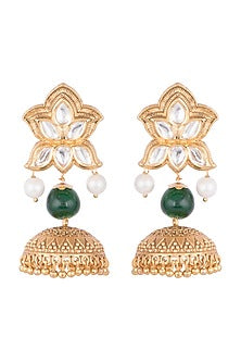 Gold Finish Kundan Polki & Green Beaded Jhumka Earrings
