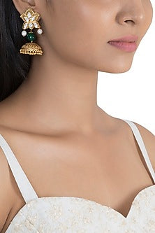 Gold Finish Kundan Polki & Green Beaded Jhumka Earrings