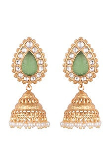 Gold Finish Kundan Polki & Faux Pearl Jhumka Earrings
