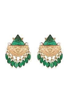 Gold Finish Green Stone & Pearl Drop Earrings