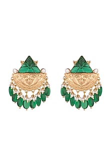 Gold Finish Green Stone & Pearl Drop Earrings
