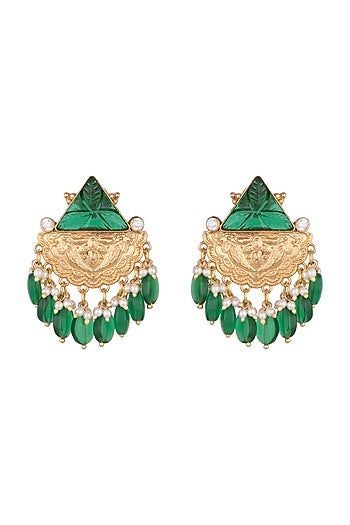 Gold Finish Green Stone & Pearl Drop Earrings
