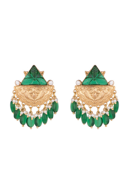 Gold Finish Green Stone & Pearl Drop Earrings