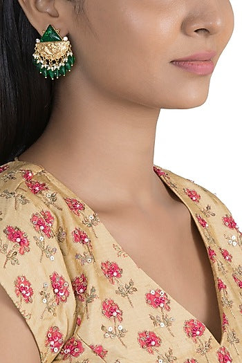 Gold Finish Green Stone & Pearl Drop Earrings
