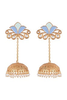 Gold Finish Kundan Polki & Faux Pearl Enameled Jhumka Earrings