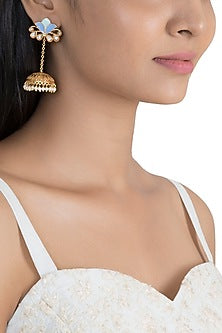 Gold Finish Kundan Polki & Faux Pearl Enameled Jhumka Earrings