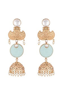 Gold Finish Blue Stone & Kundan Polki Long Jhumka Earrings