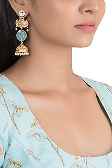 Gold Finish Blue Stone & Kundan Polki Long Jhumka Earrings