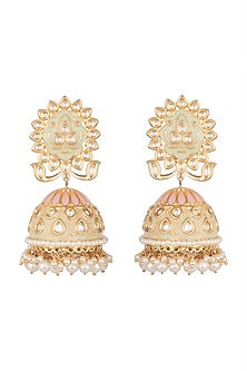 Gold Finish Faux Pearl & Kundan Polki Enameled Jhumka Earrings