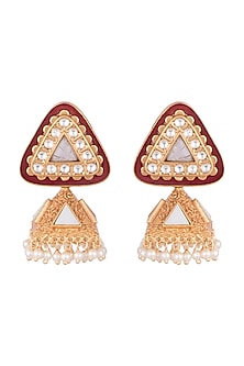 Gold Finish Faux Pearl & Purple Stone Enameled Jhumka Earrings
