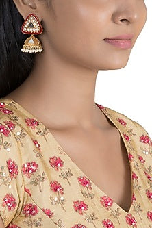 Gold Finish Faux Pearl & Purple Stone Enameled Jhumka Earrings