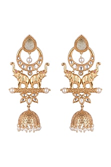 Gold Finish Faux Kundan Polki & Pearl Elephant Earrings