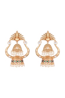 Gold Finish Faux Pearl & Kundan Polki Enameled Jhumka Earrings