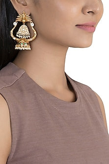 Gold Finish Faux Pearl & Kundan Polki Enameled Jhumka Earrings