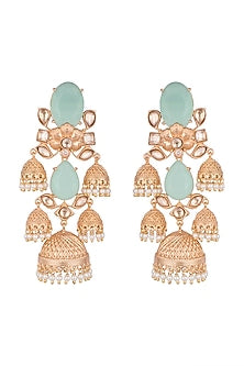 Gold Finish Blue Stone & Kundan Polki Jhumka Earrings