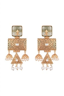 Gold Finish Green Stone & Faux Pearl Engraved Earrings