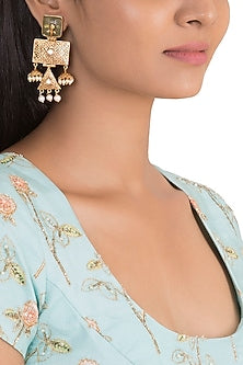 Gold Finish Green Stone & Faux Pearl Engraved Earrings