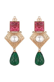 Gold Finish Red & Green Stone Earrings