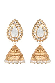Gold Finish Kundan Polki & White Stone Jhumka Earrings