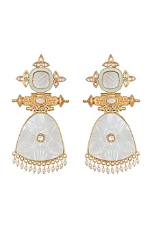 Gold Finish White Stone Blue Enameled Earrings