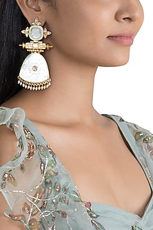 Gold Finish White Stone Blue Enameled Earrings
