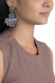 Black Rhodium Finish Green Stone Blue Enameled Earrings
