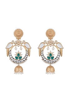 Gold Finish Kundan Polki & Faux Pearl Parrot Earrings
