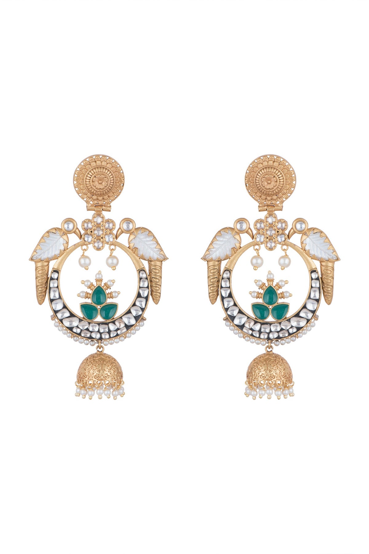 Gold Finish Kundan Polki & Faux Pearl Parrot Earrings