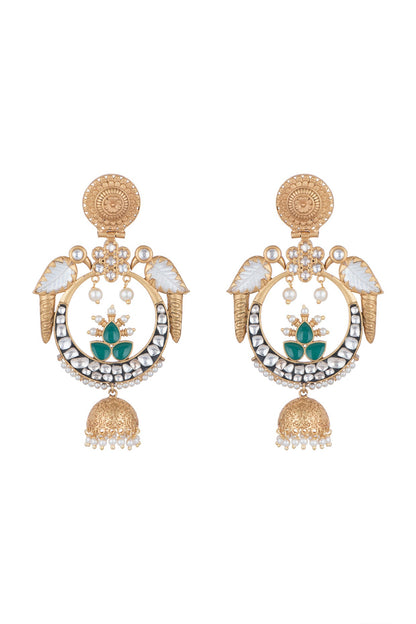 Gold Finish Kundan Polki & Faux Pearl Parrot Earrings