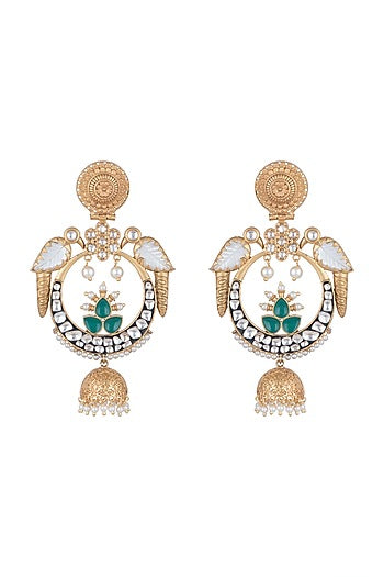 Gold Finish Kundan Polki & Faux Pearl Parrot Earrings