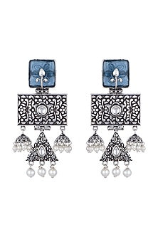 Black Rhodium Finish Faux Pearl & Blue Stone Earrings