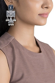 Black Rhodium Finish Faux Pearl & Blue Stone Earrings