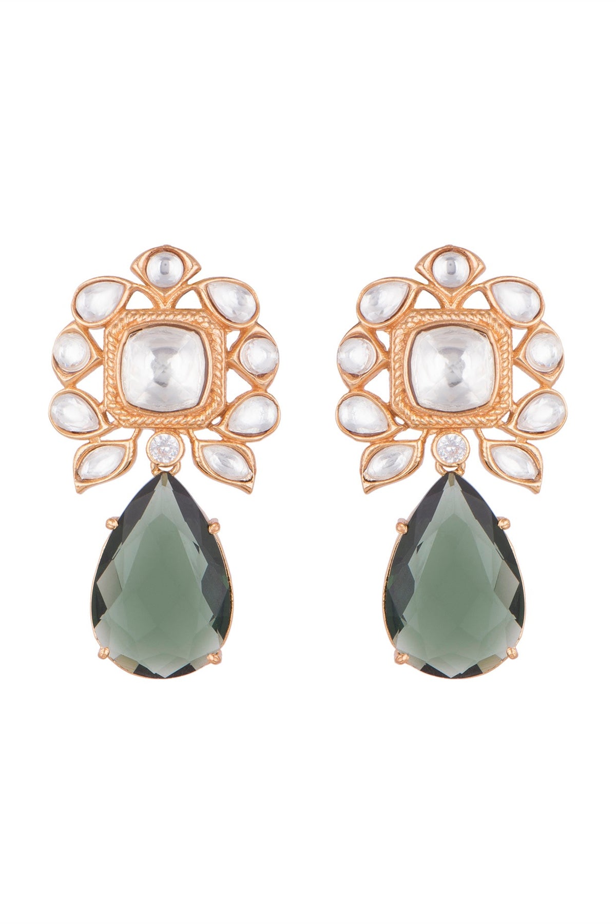 Gold Finish Faux Kundan Polki & Green Stone Earrings