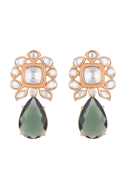 Gold Finish Faux Kundan Polki & Green Stone Earrings