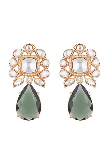 Gold Finish Faux Kundan Polki & Green Stone Earrings