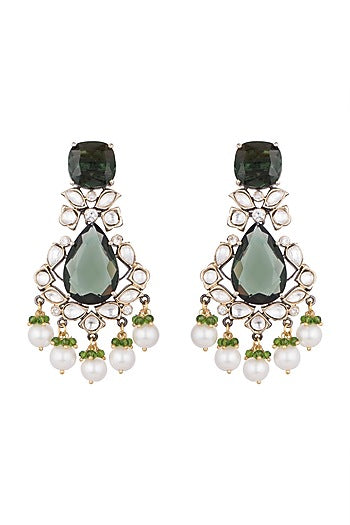 Gold Finish Green Stone & Kundan Polki Earrings
