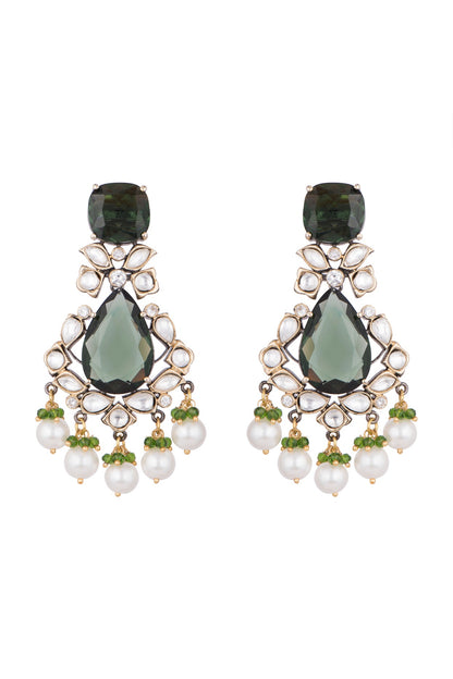 Gold Finish Green Stone & Kundan Polki Earrings