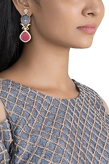 Gold Finish Blue & Pink Stone Earrings