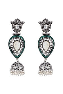 Black Rhodium Finish Faux Pearl & Kundan Polki Enameled Earrings