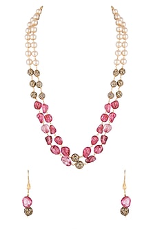 Gold Finish Pink & Black Stone Mala Set