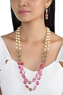 Gold Finish Pink & Black Stone Mala Set