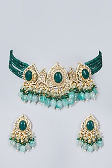 Gold Finish Kundan Polki & Green Beaded Choker Necklace Set