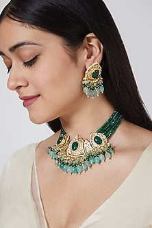 Gold Finish Kundan Polki & Green Beaded Choker Necklace Set