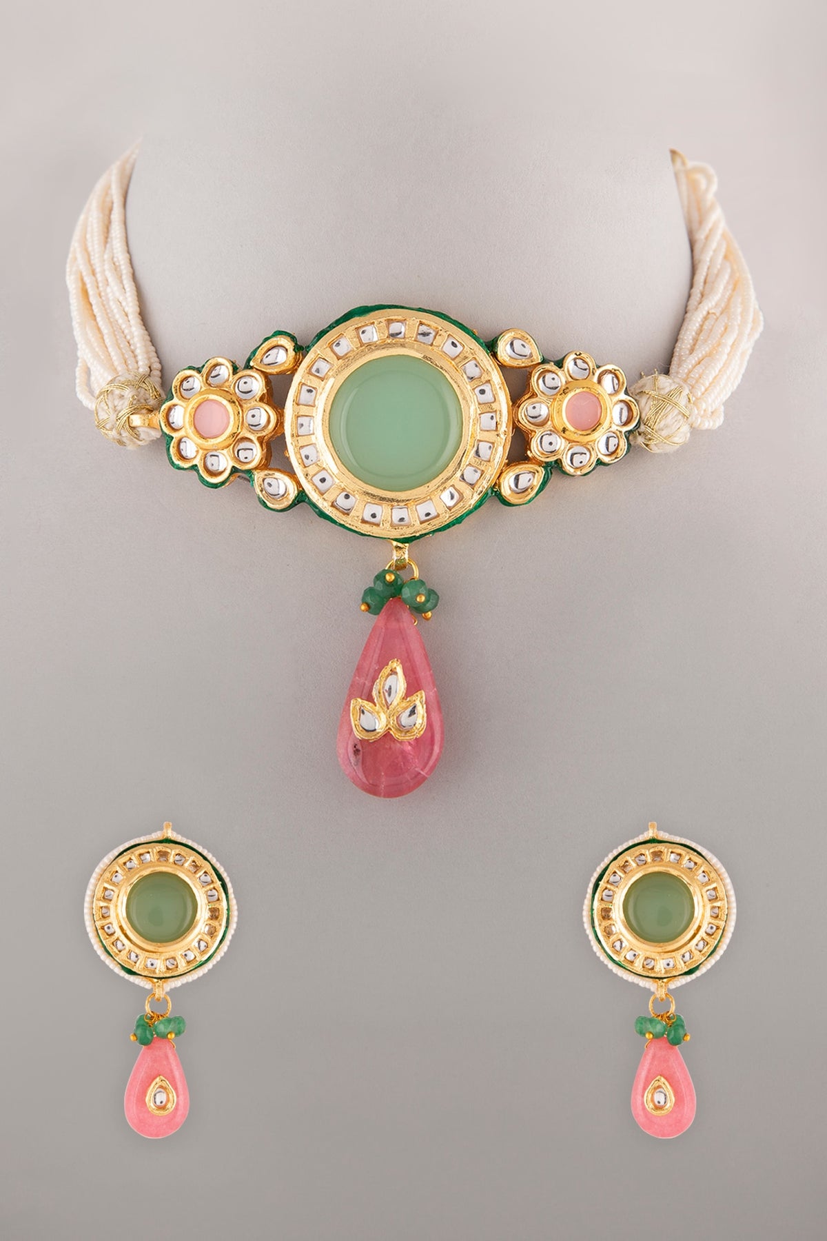 Gold Finish Pearl & Kundan Polki Choker Necklace Set