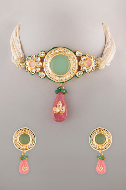 Gold Finish Pearl & Kundan Polki Choker Necklace Set